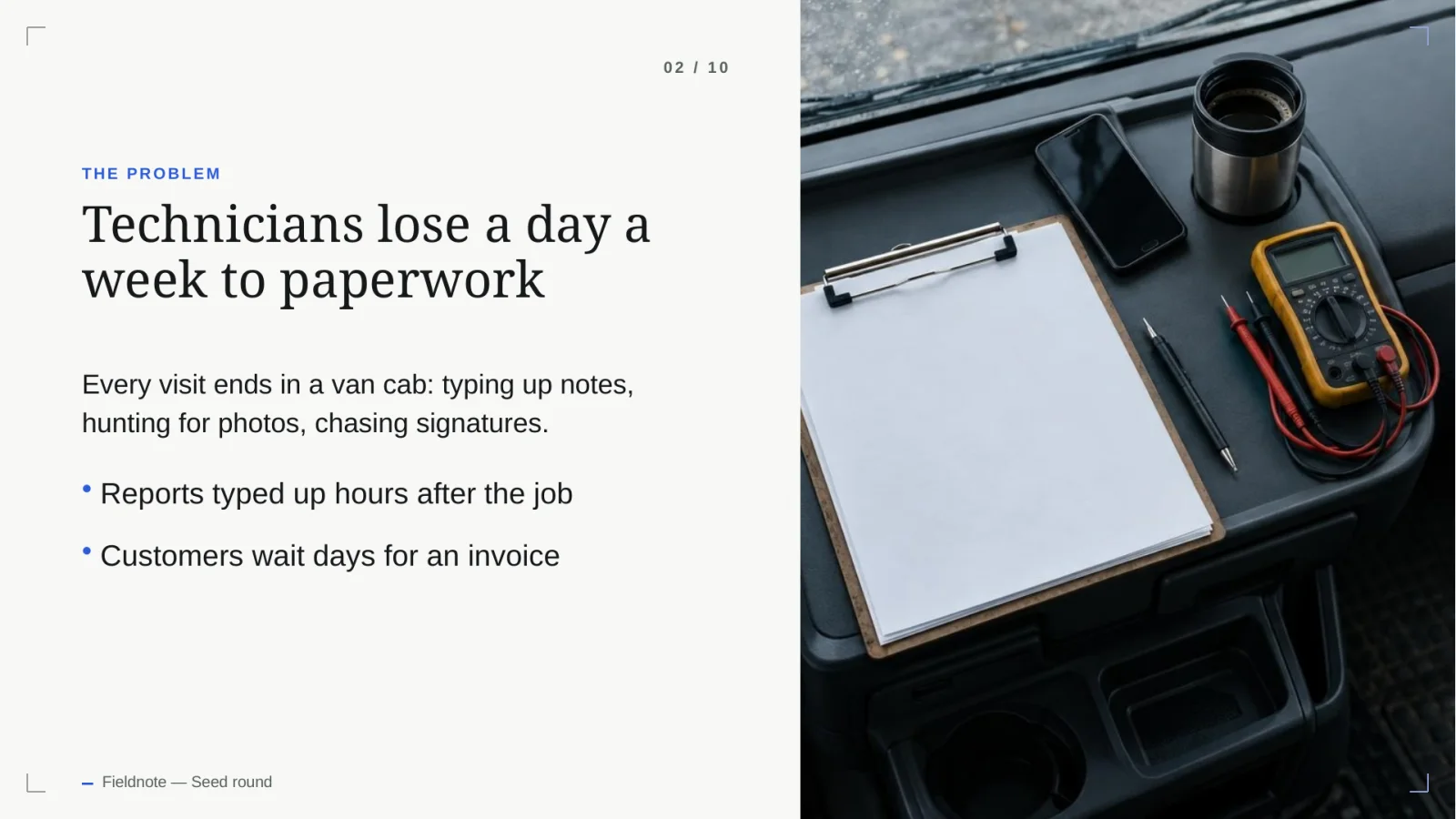 Problem slide beside a photo of a clipboard in a van: technicians lose a day a week to paperwork, and customers wait days for an invoice