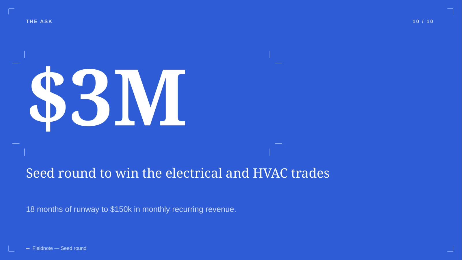 Big-number slide: a $3M seed round to win the electrical and HVAC trades, giving 18 months of runway to $150k in monthly recurring revenue